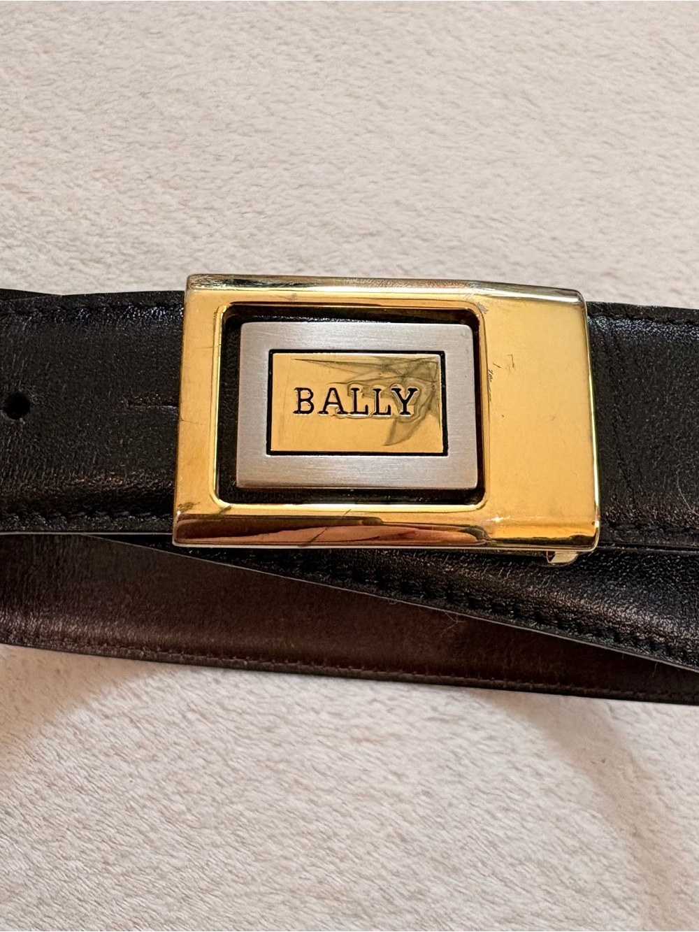 Bally Black Leather Belt with Gold/Silver Tone Logo Buckle Sz 34/85